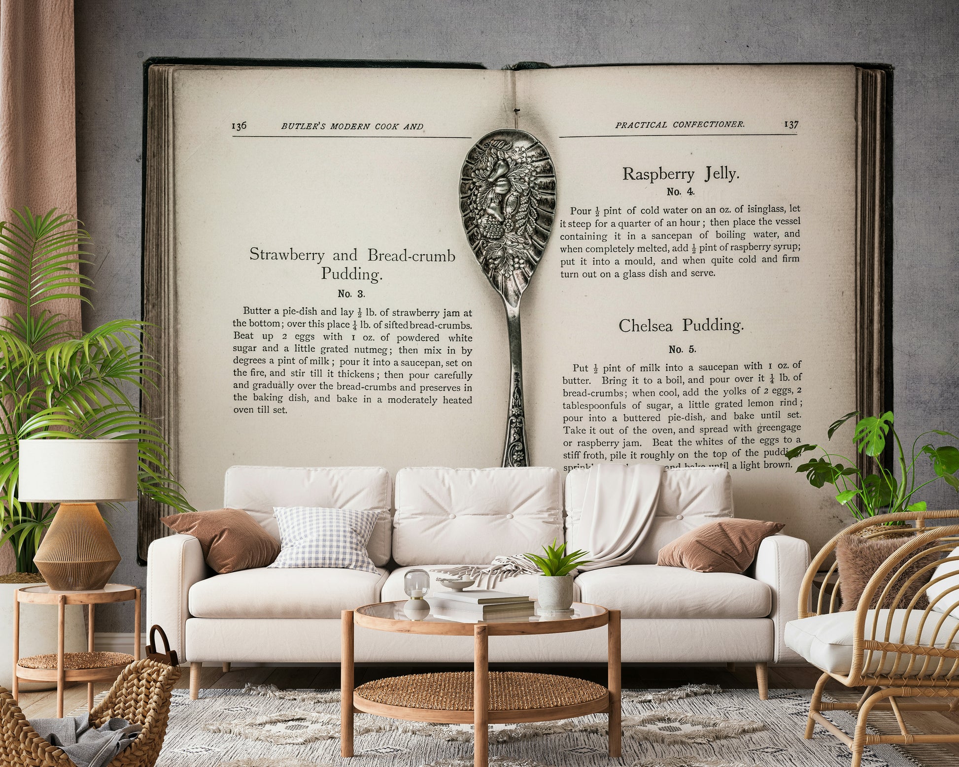 Rustic kitchen wall mural showing Culinary Antiques recipe pages and silverware closeup.