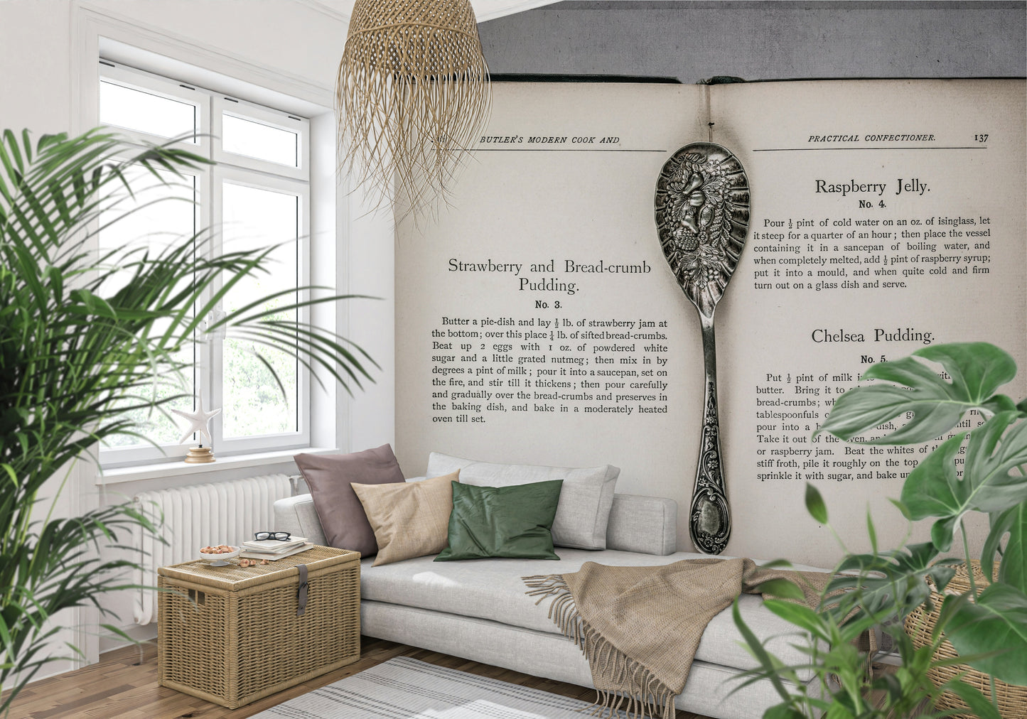 Retro cookery book Culinary Antiques wallpaper for bakery or cafe interior.