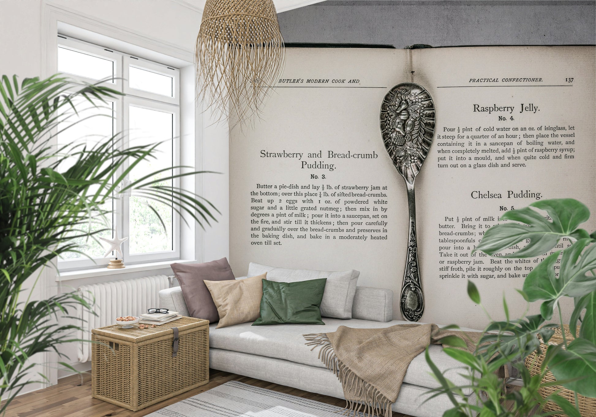 Retro cookery book Culinary Antiques wallpaper for bakery or cafe interior.