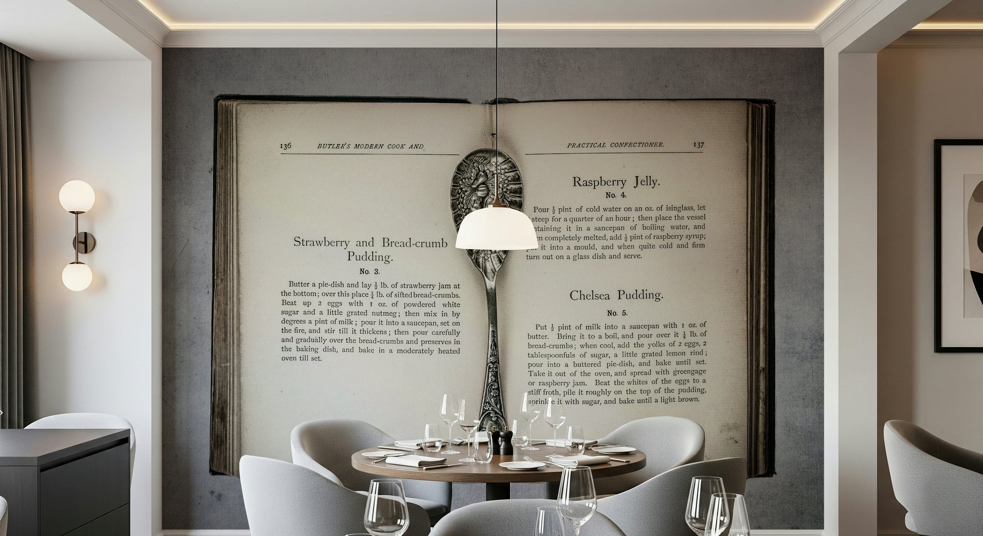 Vintage dining room wallpaper for walls displaying Culinary Antiques book and spoon.