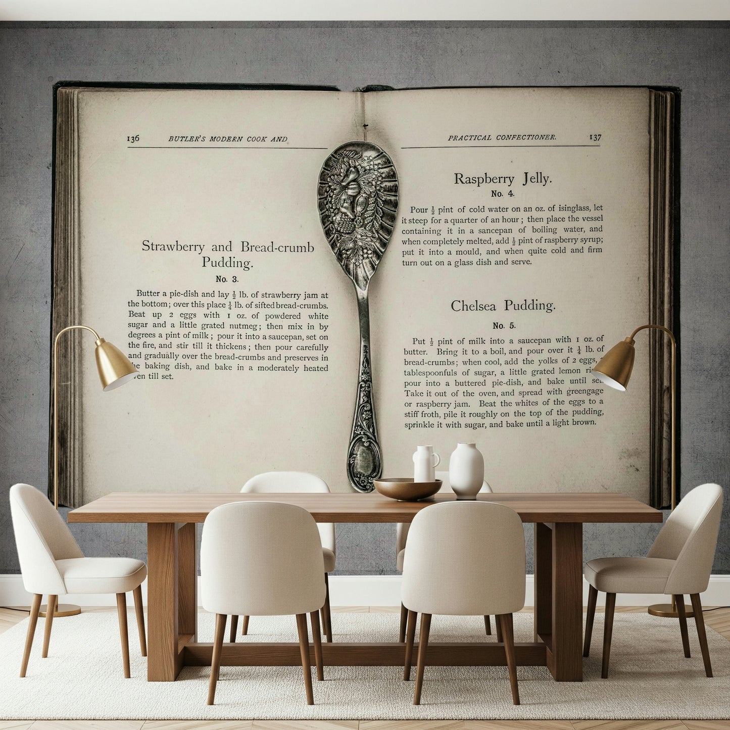 Antique serving spoon on Culinary Antiques mural for kitchen backsplash decor.