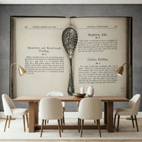 Antique serving spoon on Culinary Antiques mural for kitchen backsplash decor.