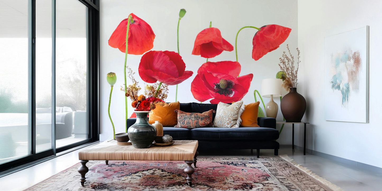 Crimson Poppy Field wallpaper for walls depicting organic floral arrangement and stems.