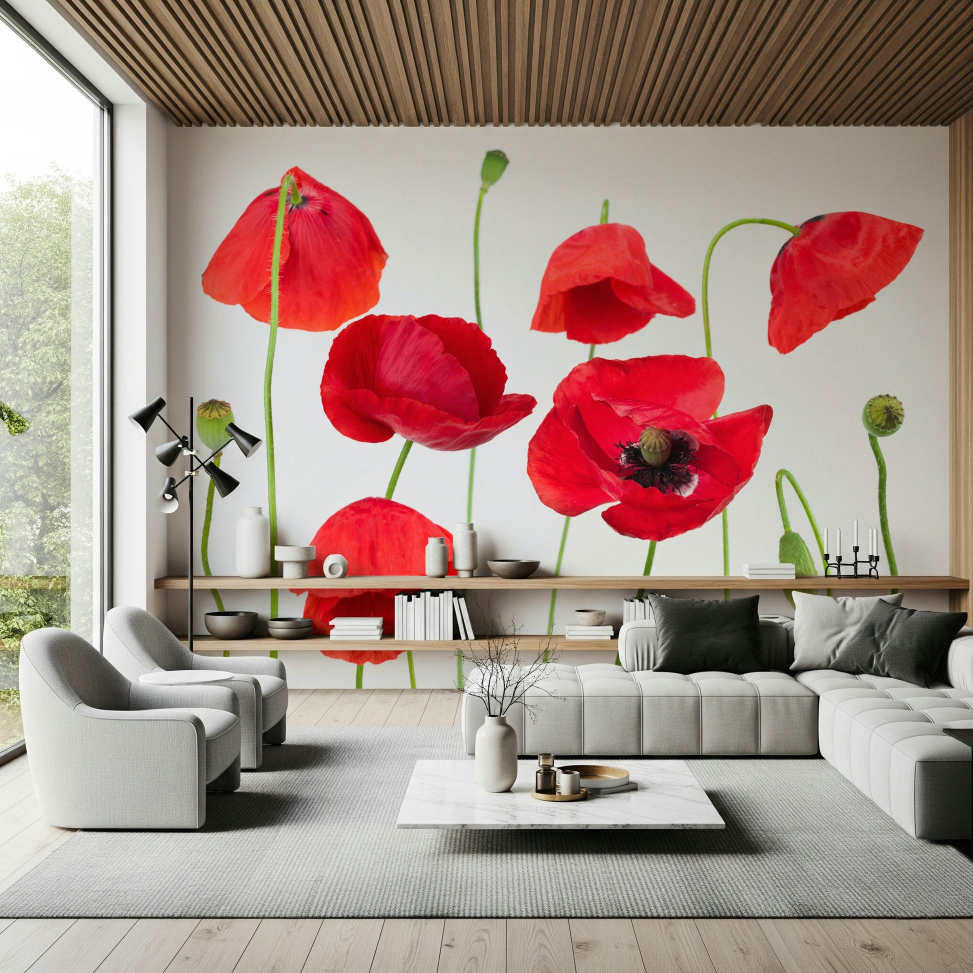 Modern floral art Crimson Poppy Field wallpaper showing distinct red and green contrast.