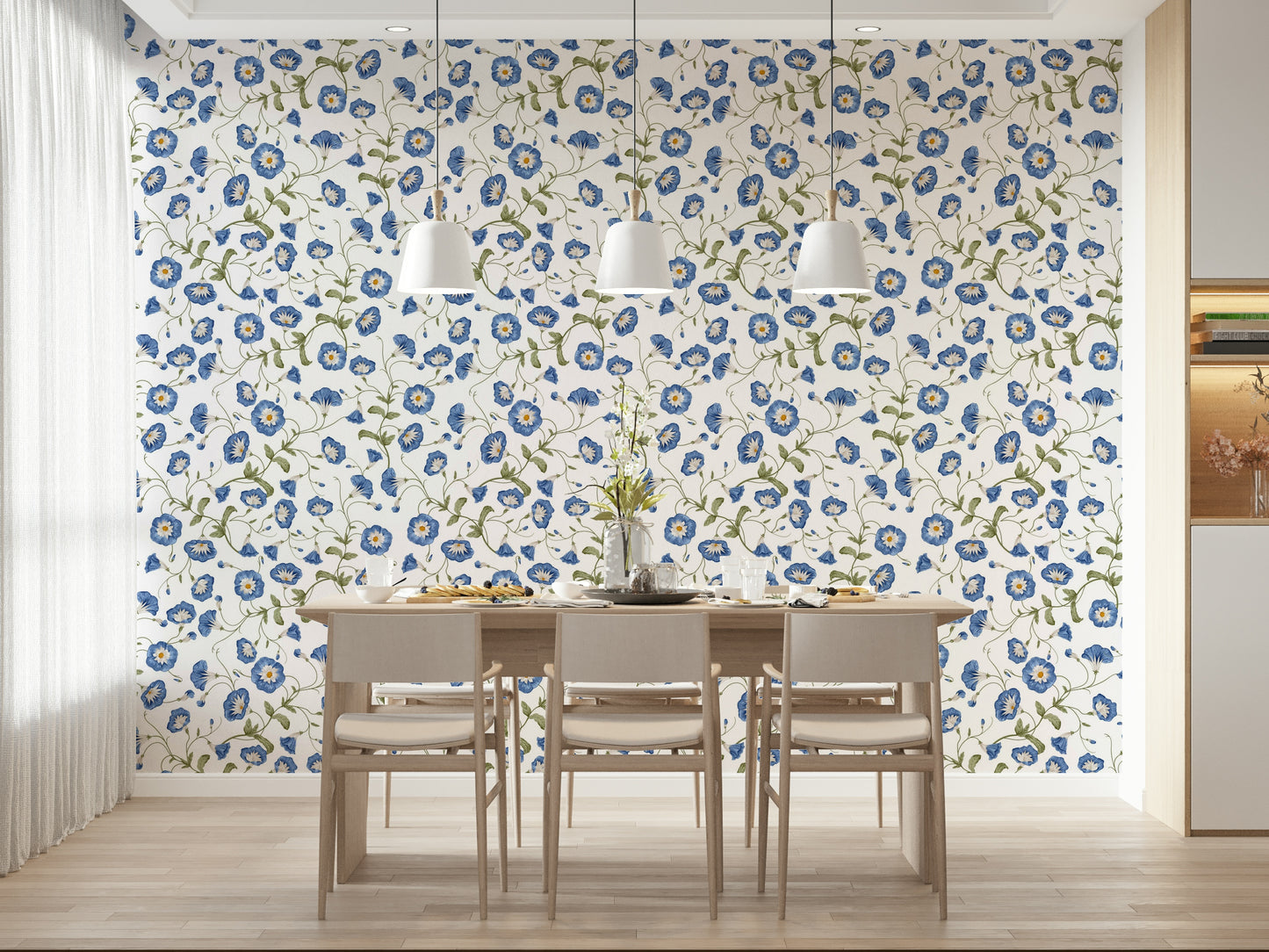 Illustrated Morning Glory wallpaper design displaying artistic floral sketches
