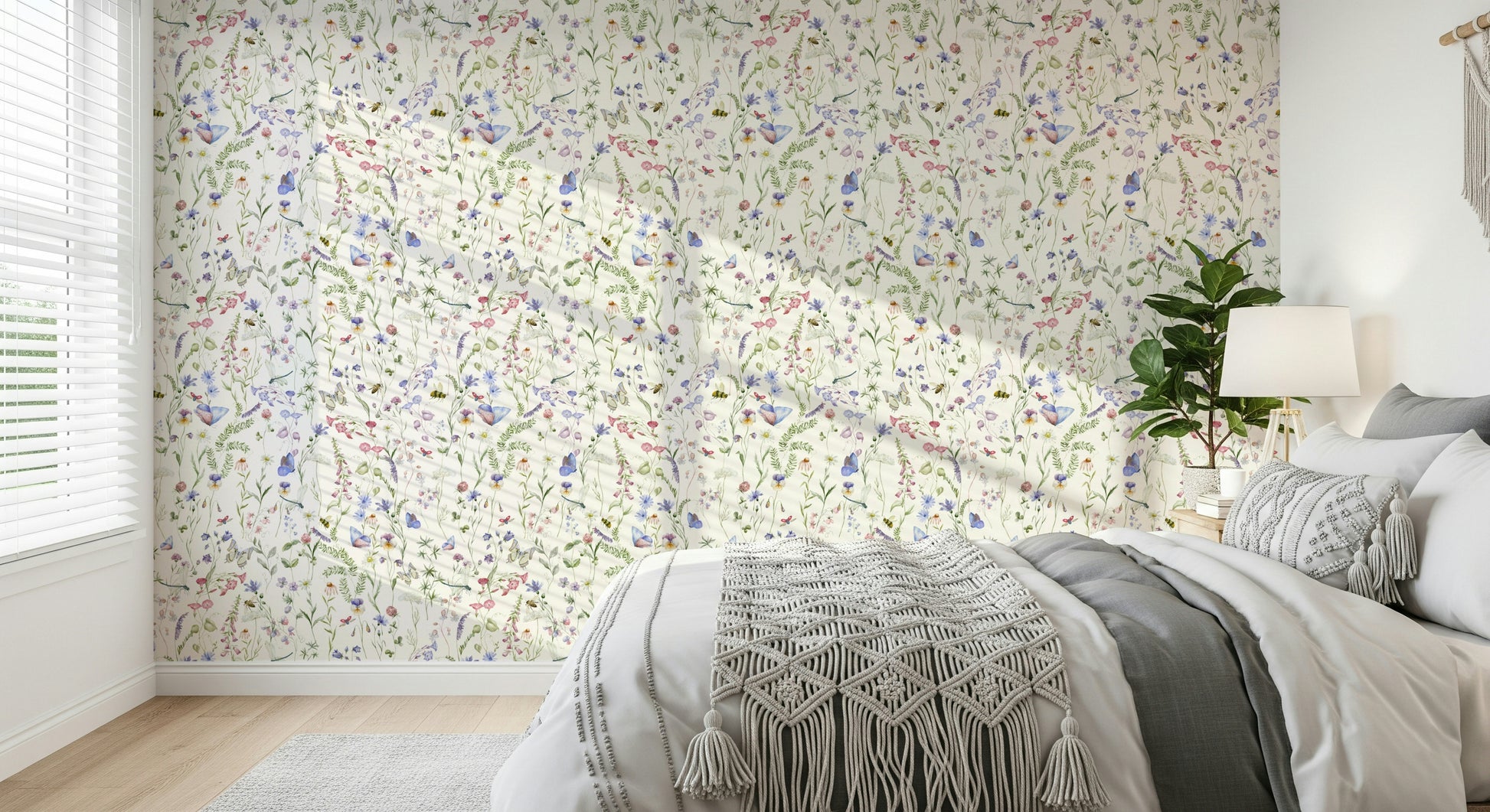 Painterly Floral Watercolor Whispers mural pink and purple flowers.