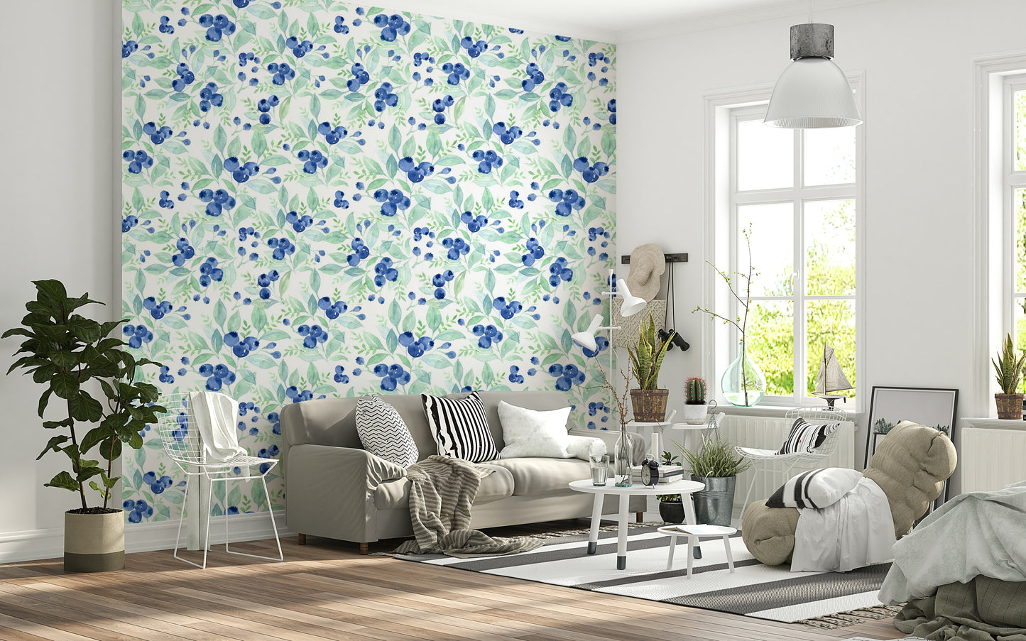 Leafy blue berry pattern wall covering Berry Bliss Watercolor