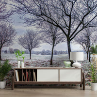 Rime covered landscape, calming design, Whispering Winter Fields wallpaper.