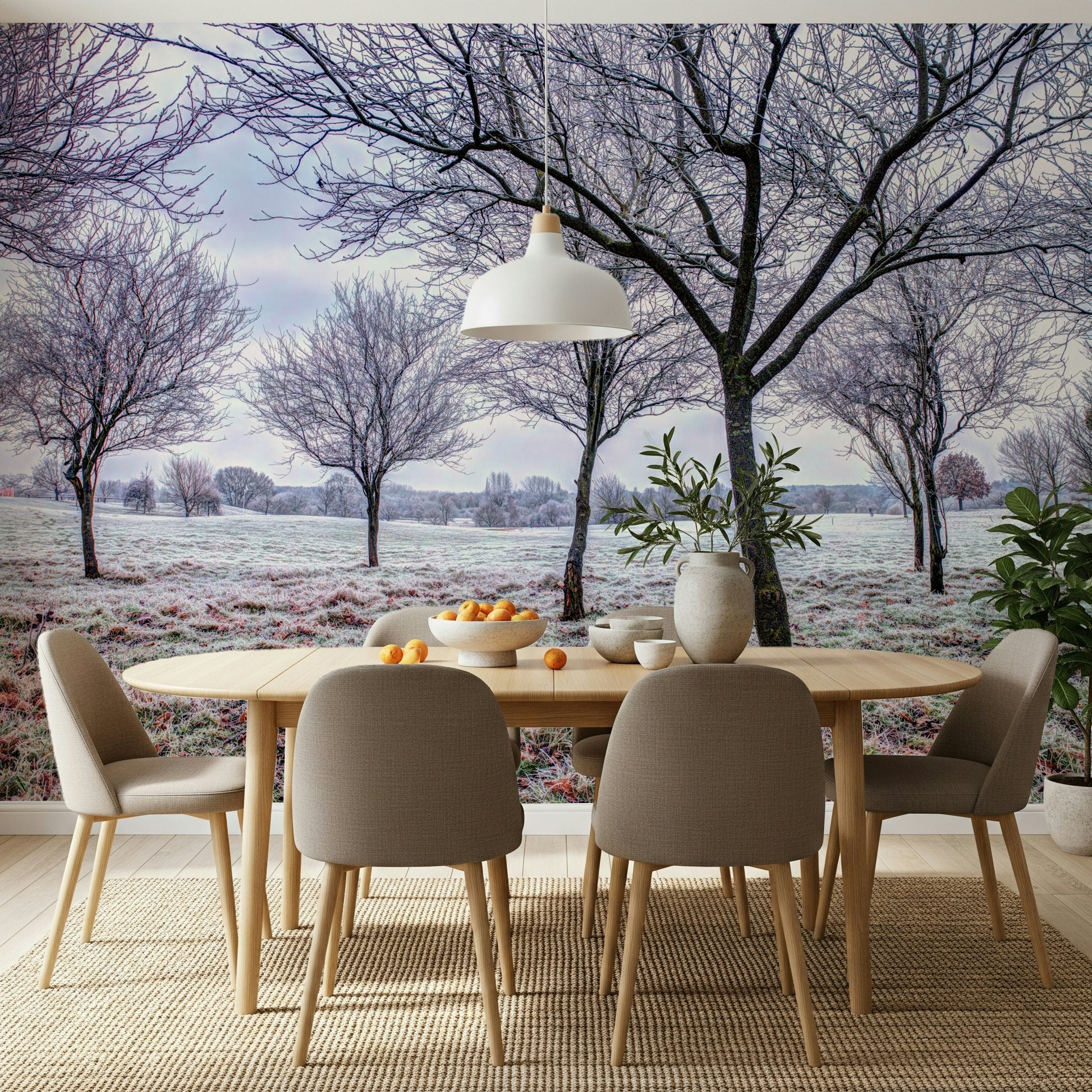 Wintry vista, atmospheric wall art, elegant bare trees, wallpaper mural.