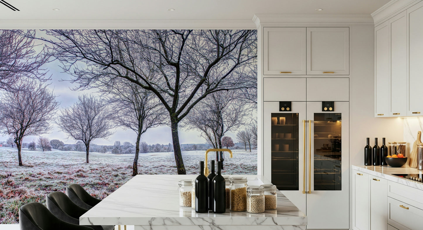 Snowy meadow design, stark trees, crisp morning, wallpaper for walls.