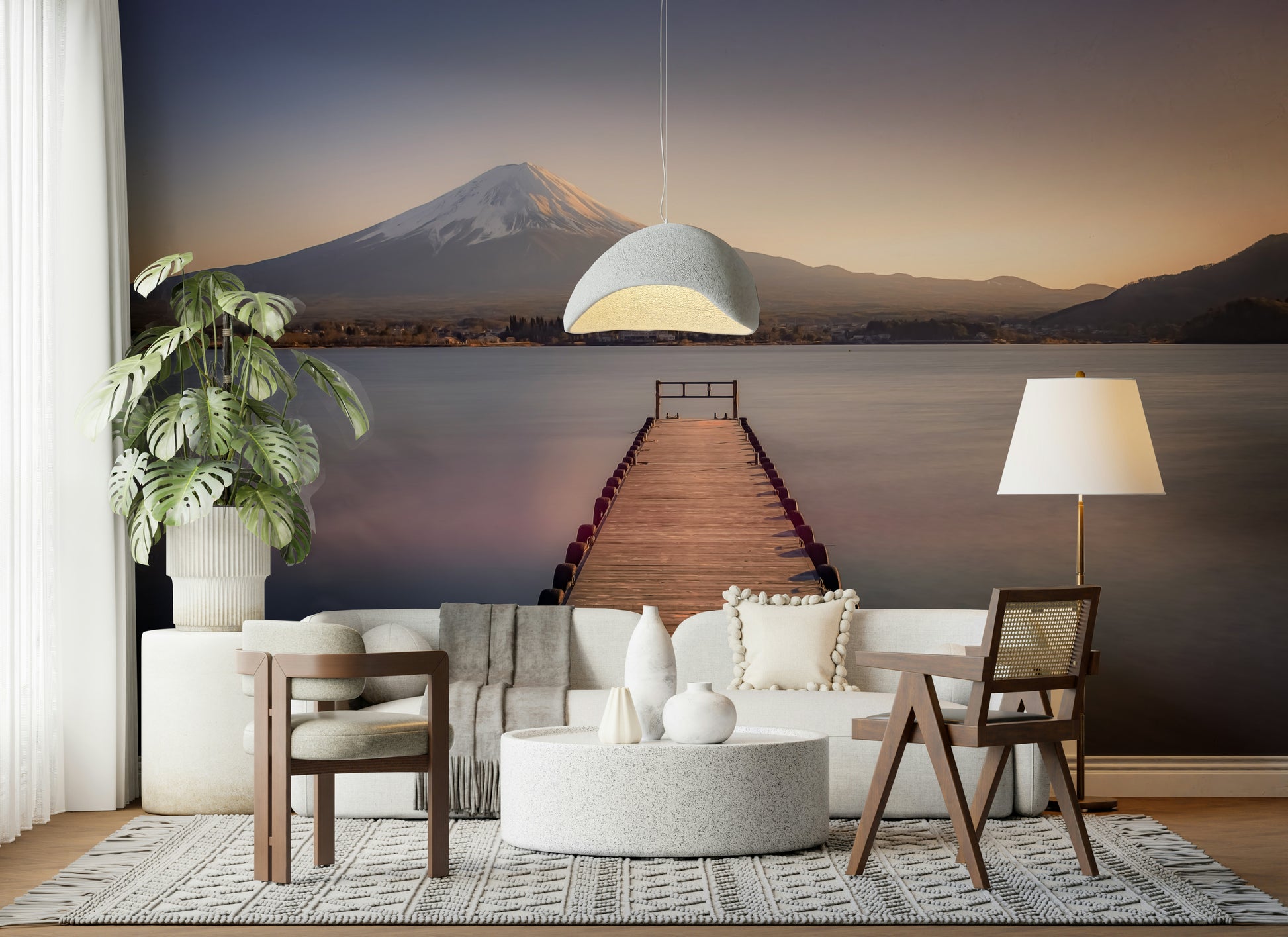 Serene moment Mount Fuji Serenity wall decoration, wooden walkway.
