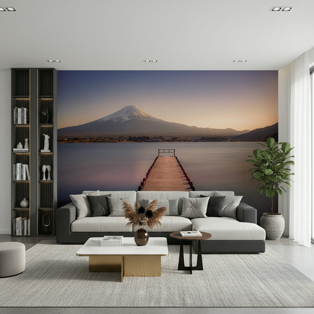 Mount Fuji Serenity wallpaper for walls, tranquil lake dock view.