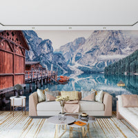 Rustic wooden cabin Lago di Braies Reflection wall mural