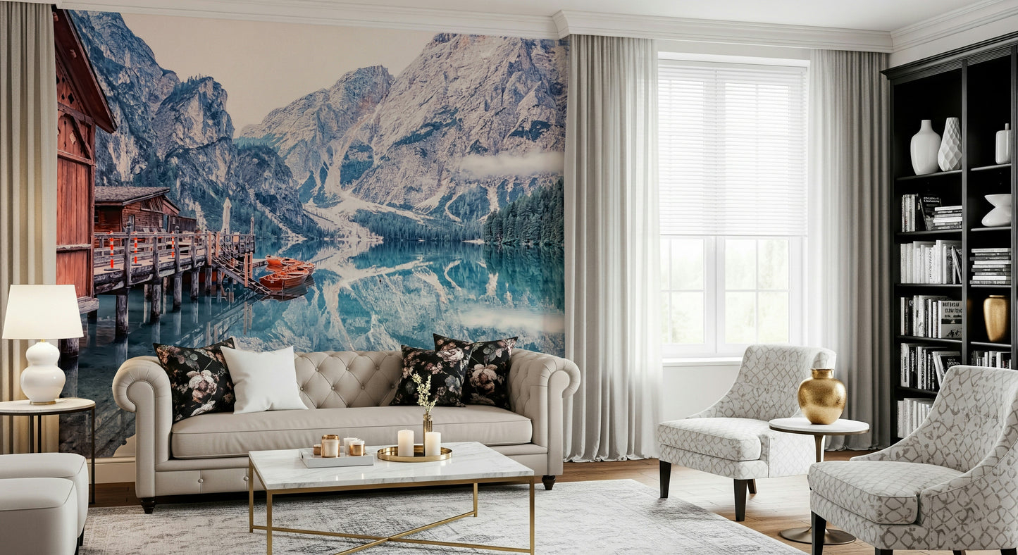 Dramatic cloudy sky alpine Lago di Braies Reflection wallpaper print