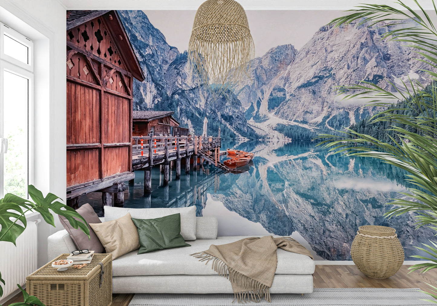 Alpine boathouse lake mirror Lago di Braies Reflection wallpaper