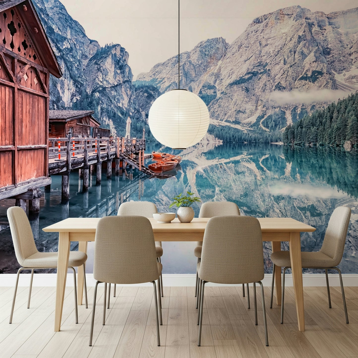 Calm clear water reflection Lago di Braies Reflection wall mural