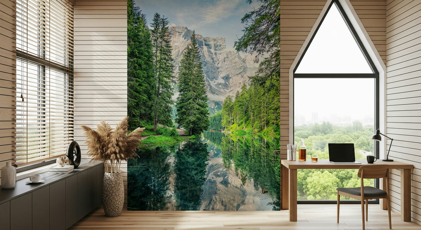 Stunning Alpine Lake Reflection wallcovering nature tranquil landscape.