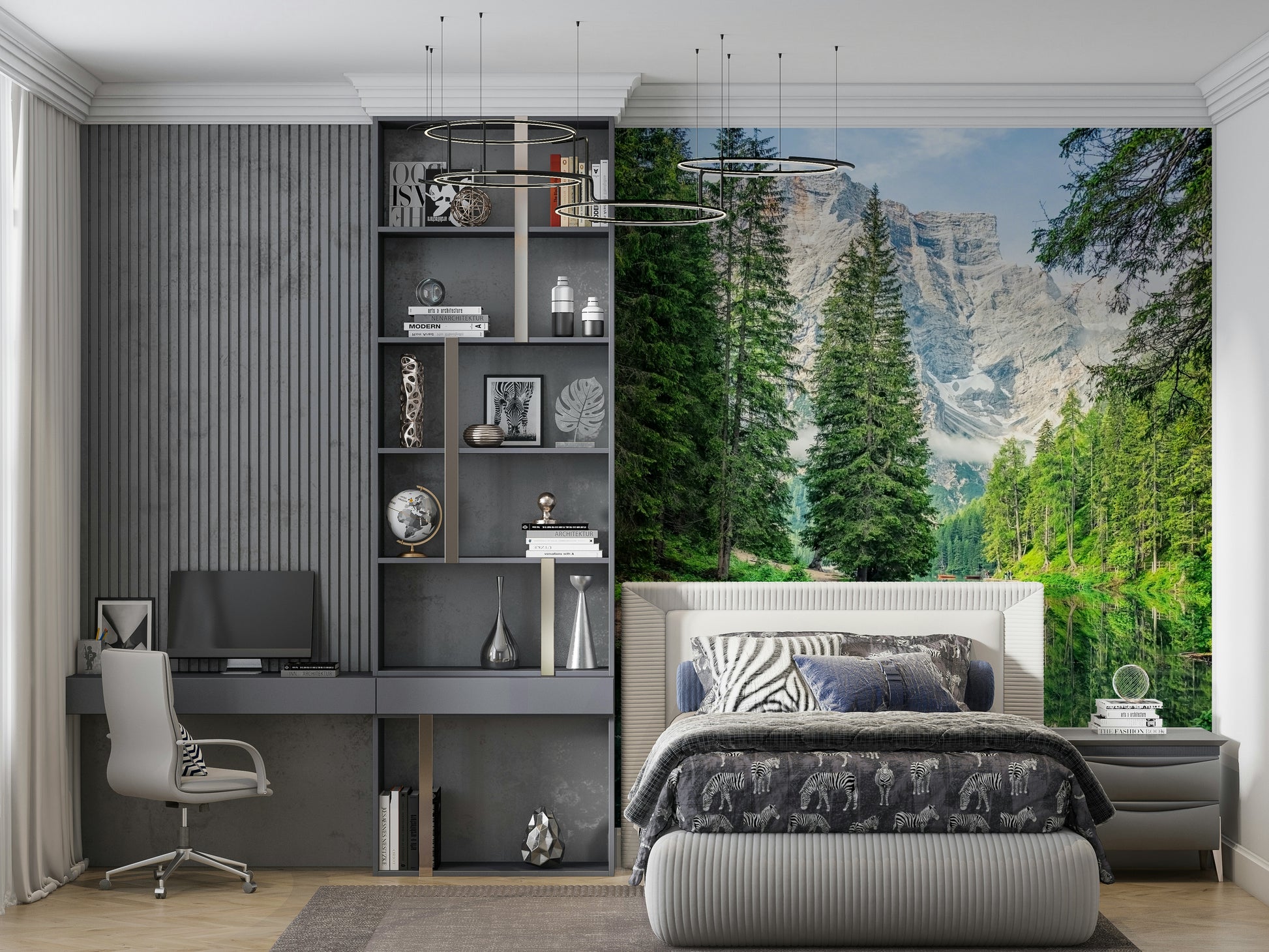 Majestic Alpine Lake Reflection wall mural serene water mountain view.
