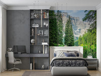 Majestic Alpine Lake Reflection wall mural serene water mountain view.