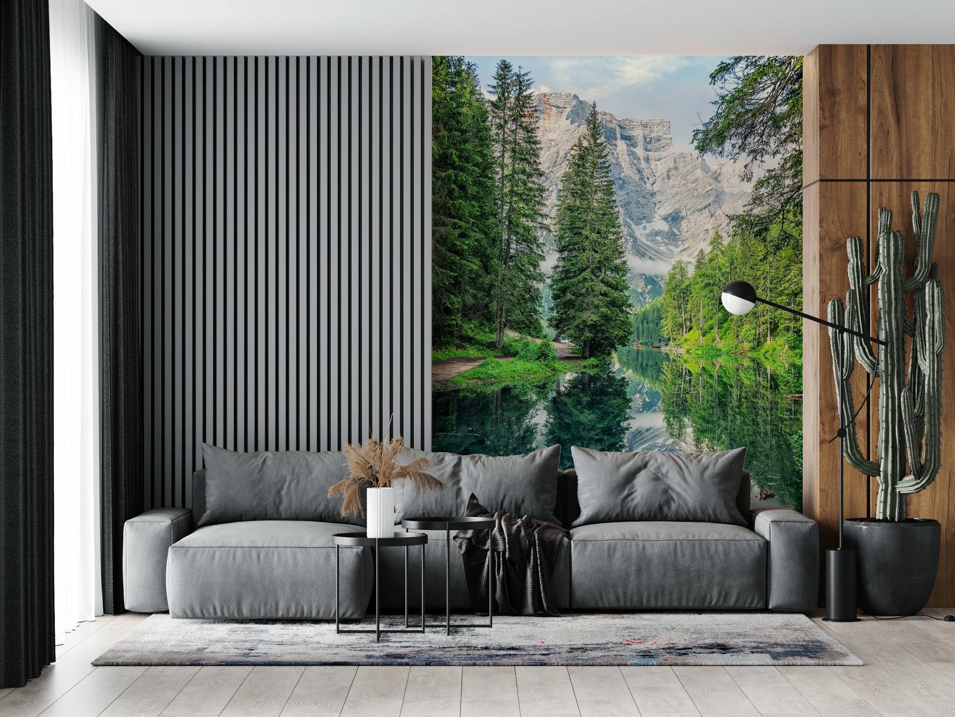 Alpine Lake Reflection peel stick mural evergreen trees breathtaking surface.