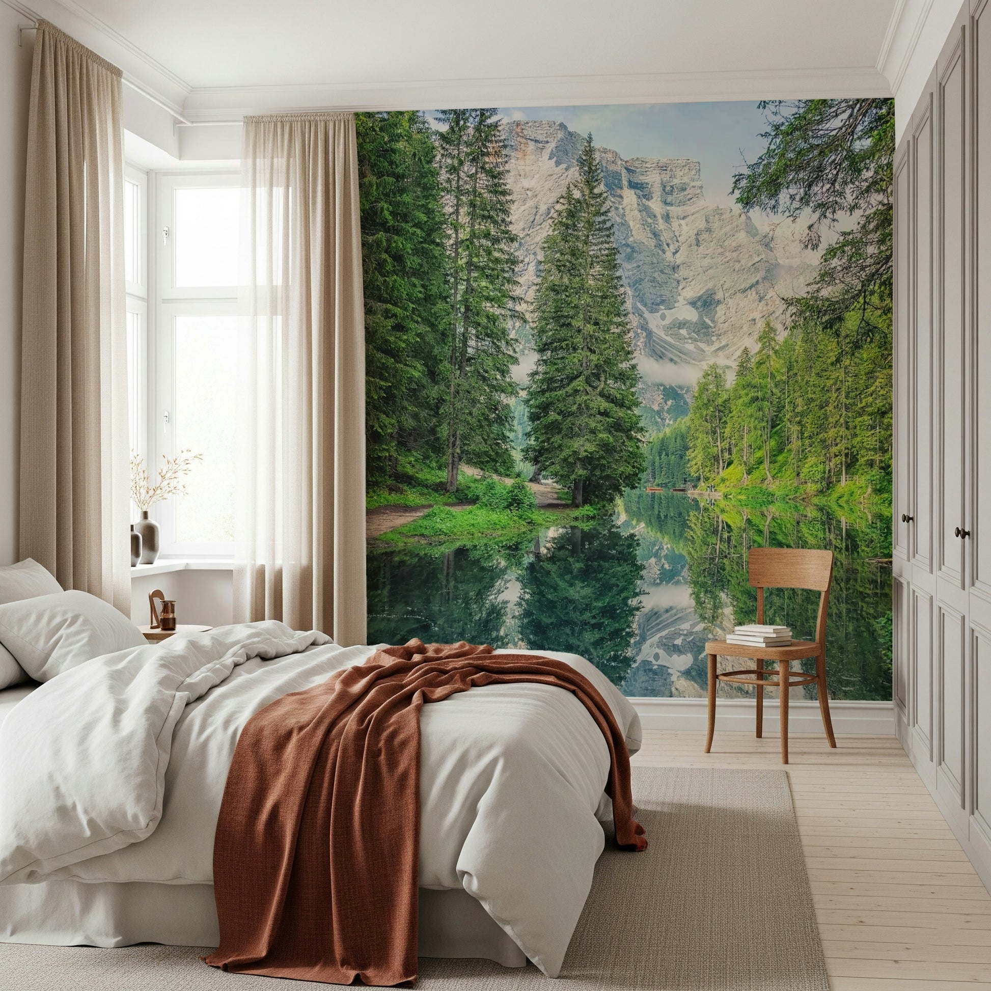 Alpine Lake Reflection wallpaper for walls verdant woods skyline picture.