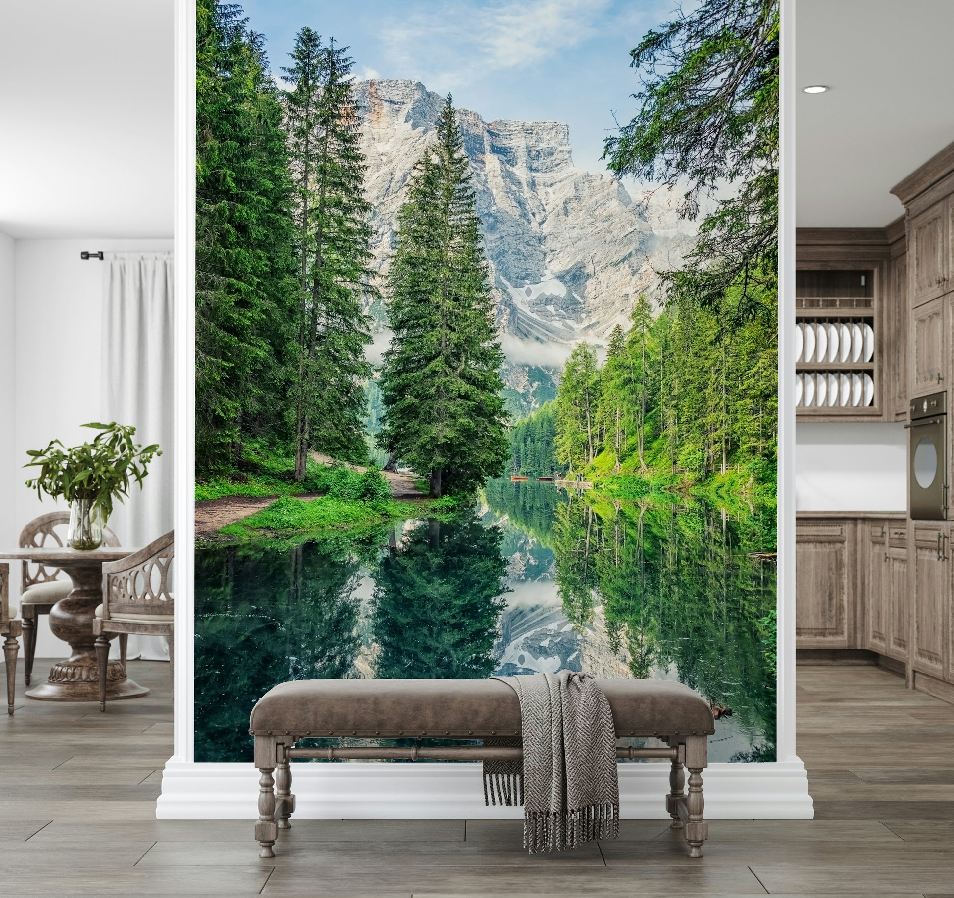 Alpine Lake Reflection scenery premium wall product towering pines.