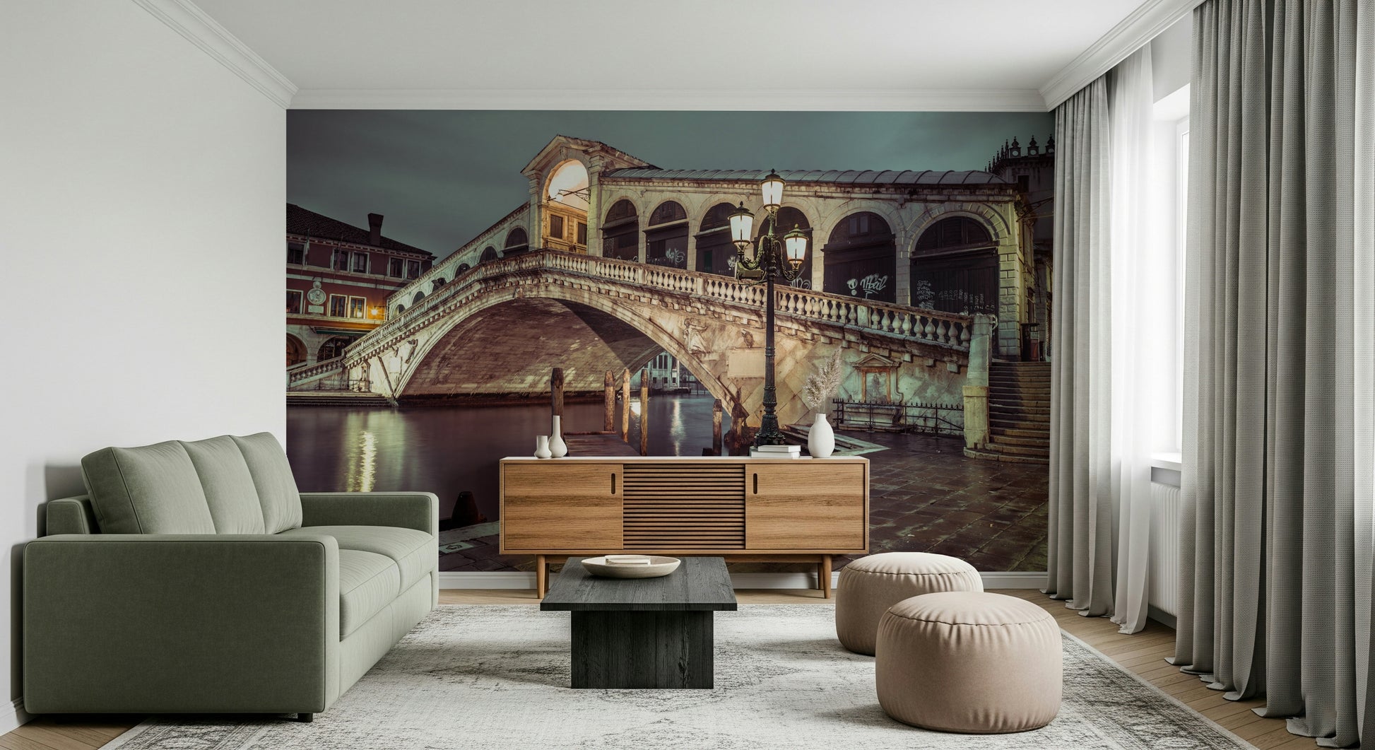 Italian elegance, arched Rialto Bridge wall display, illuminated archway, walkway.