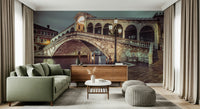 Rialto Bridge wallpaper mural, Venice landmark, historic architecture, moody night view.
