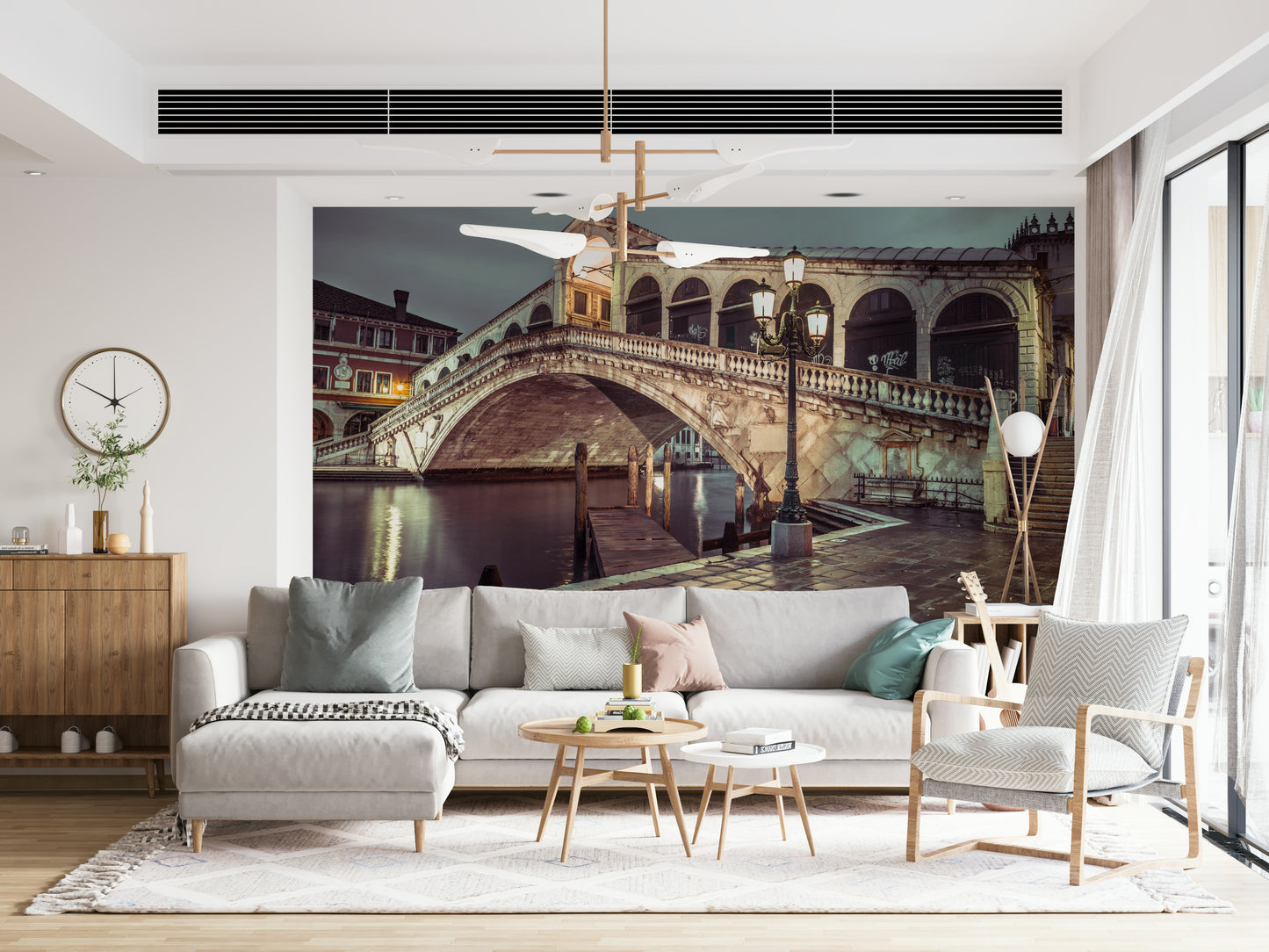 Grand Canal view, arched stone Rialto Bridge wallpaper for walls, dramatic lighting.