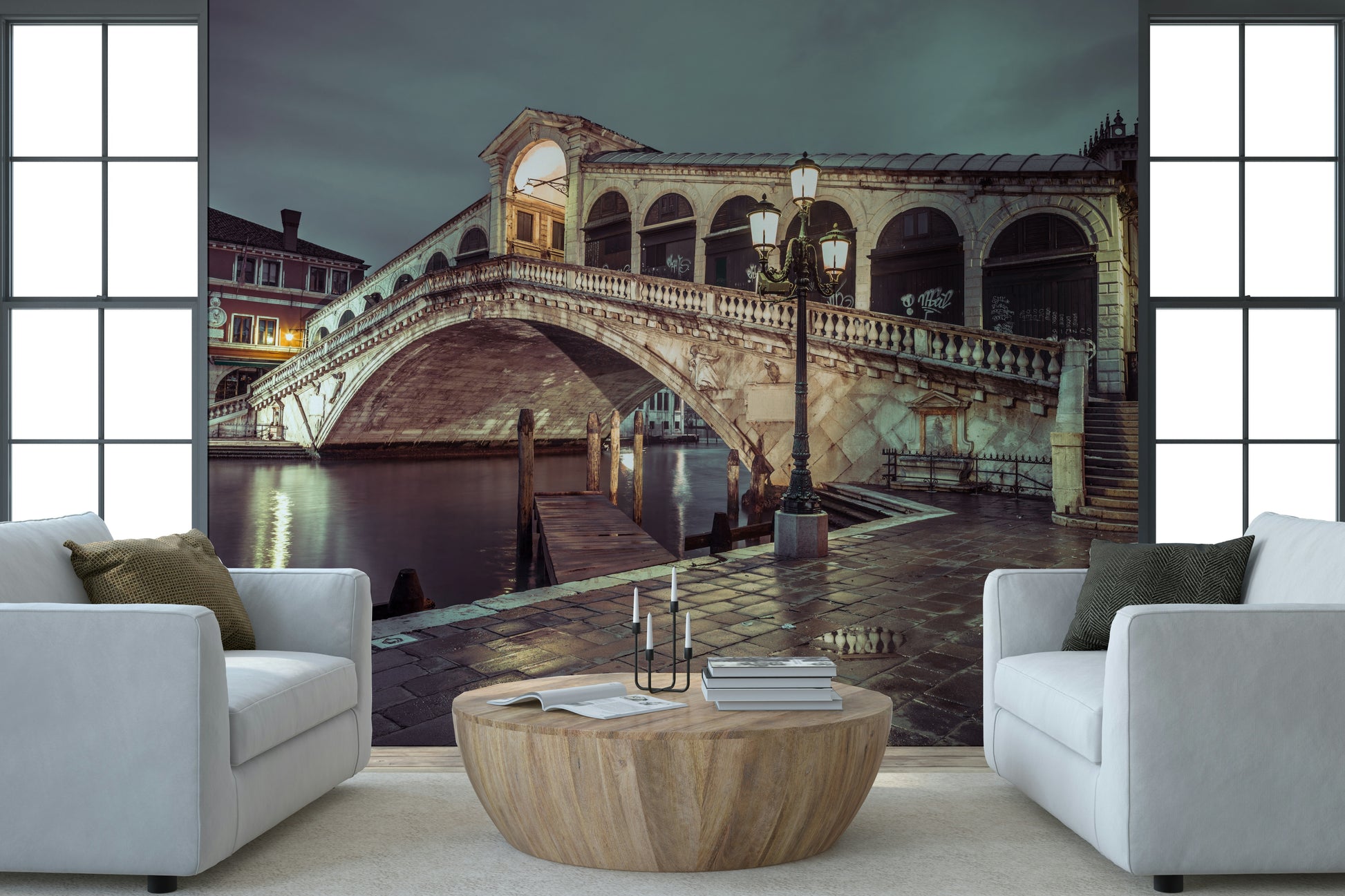 Iconic Rialto Bridge wall art, majestic Italian canal crossing, nighttime photograph.