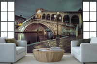 Iconic Rialto Bridge wall art, majestic Italian canal crossing, nighttime photograph.