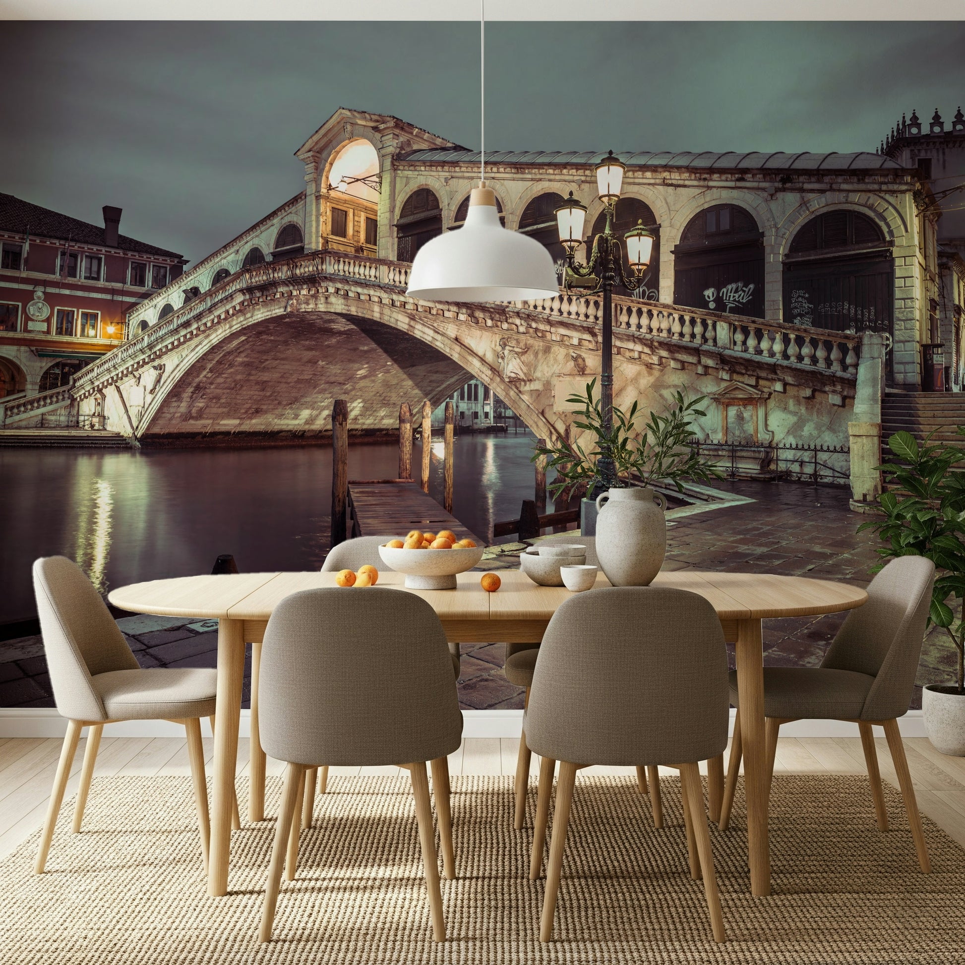 Historic Rialto Bridge wall graphic, water reflection, classic railing, beautiful design.