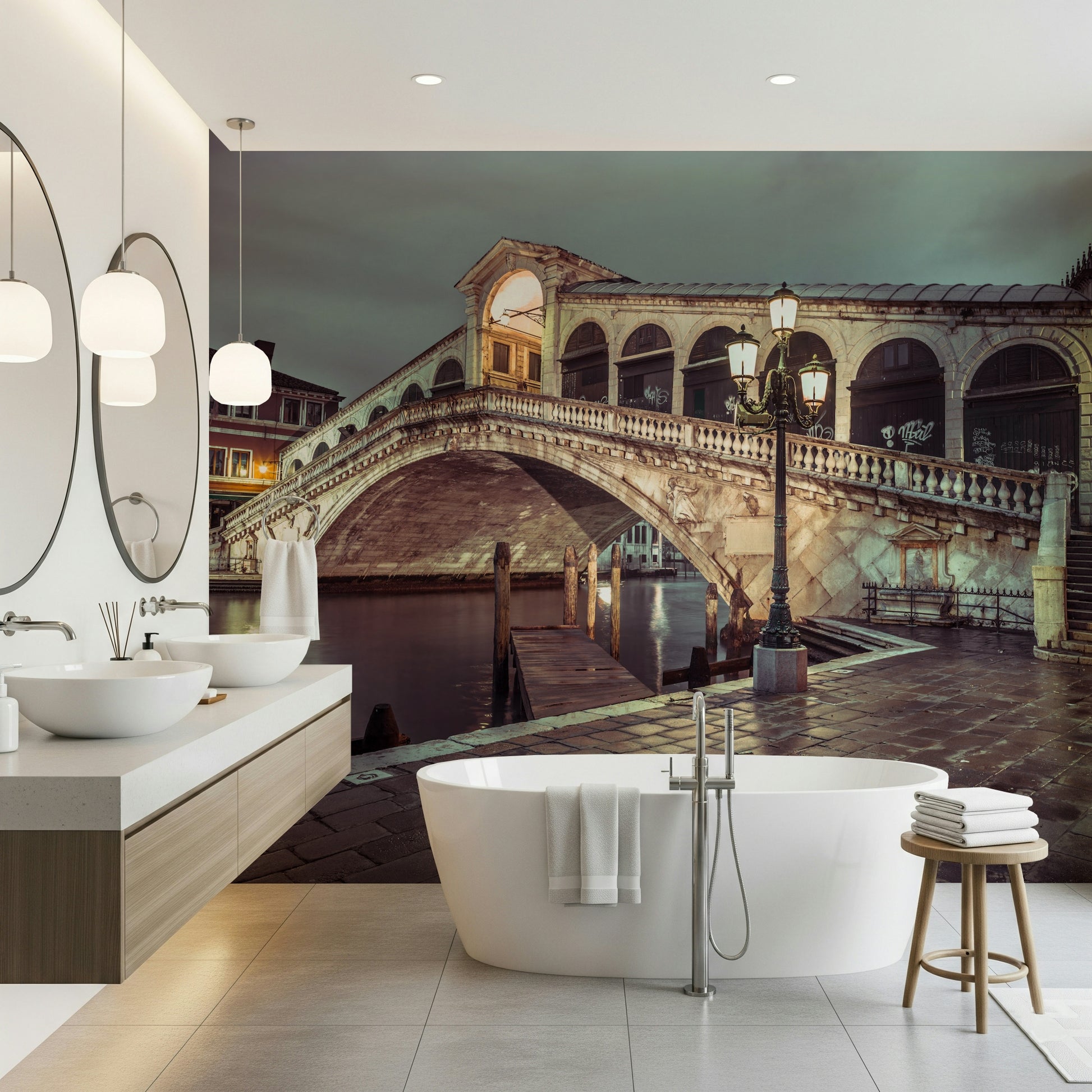 Famous Rialto Bridge, ancient stone structure, dramatic wall covering, Venetian waters.