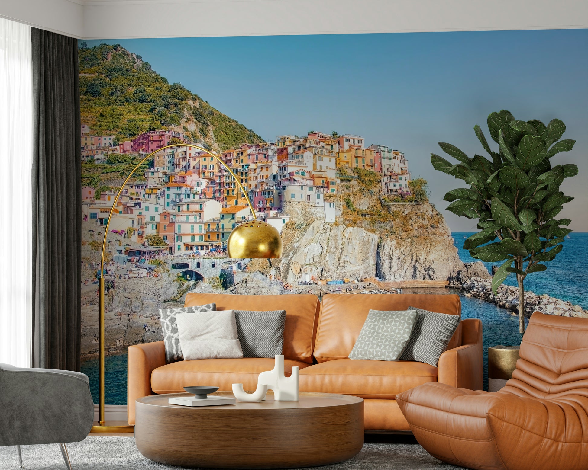 Bright cliff dwelling Cinque Terre Coast wallpaper mural Italy scenery.