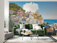 Historic colorful Cinque Terre Coast architecture wallpaper mural room accent.