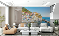 Italian coastline Cinque Terre Coast houses peel and stick wallpaper scene.