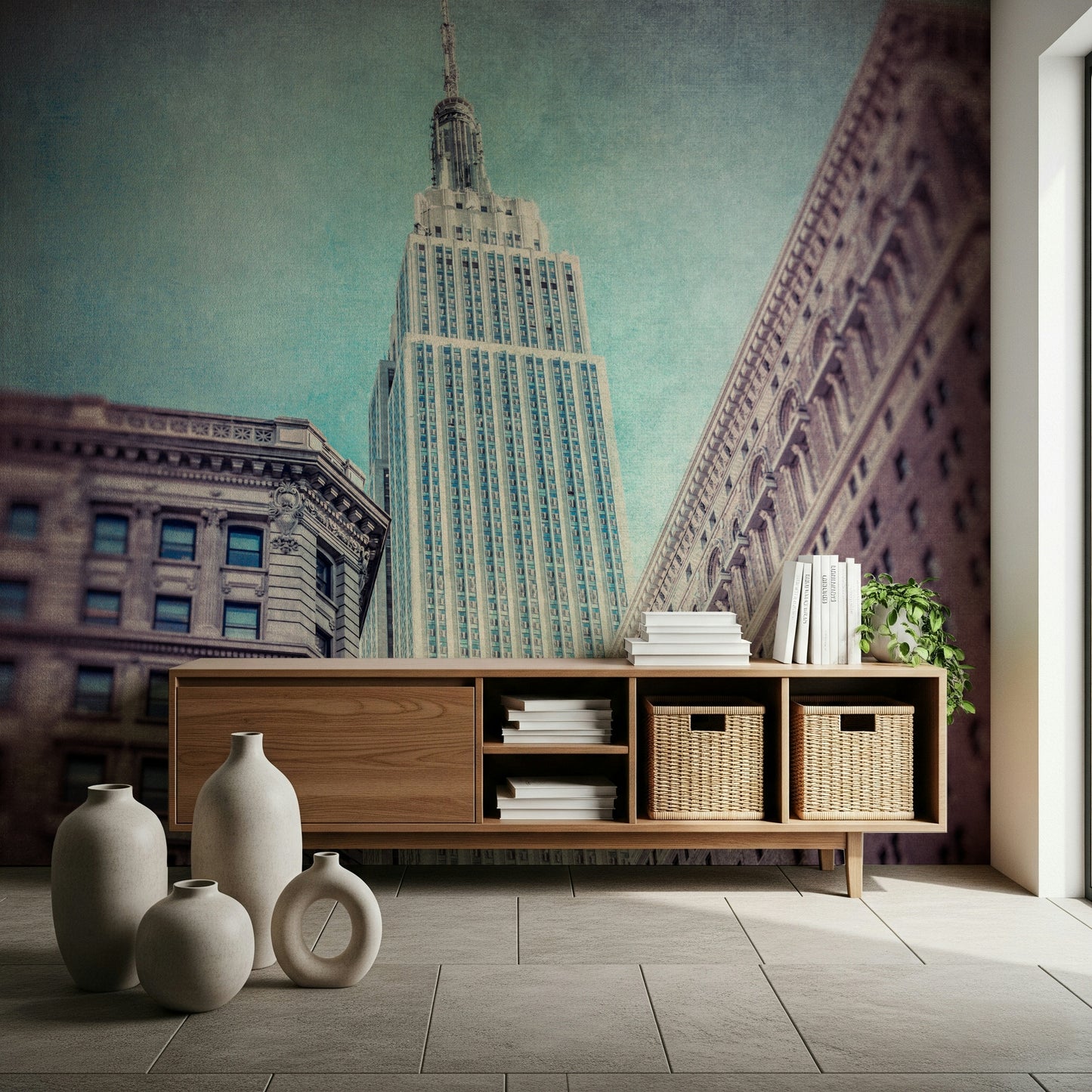 Wallcovering Iconic Majesty option: Monochromatic high-rise view.