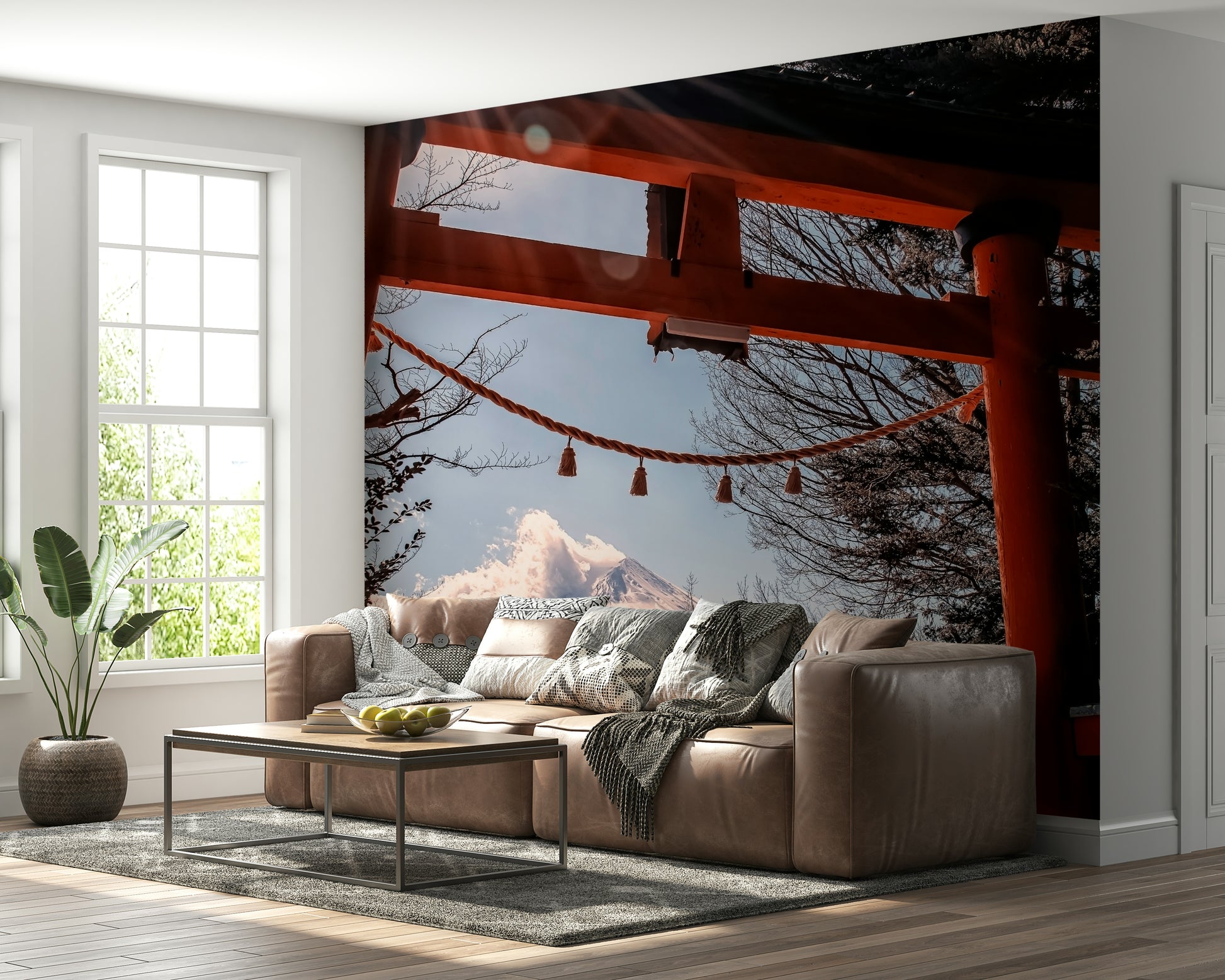 Cultural Fuji Gate Sunbeams print, ancient wooden torii with glorious Fuji.