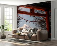 Cultural Fuji Gate Sunbeams print, ancient wooden torii with glorious Fuji.