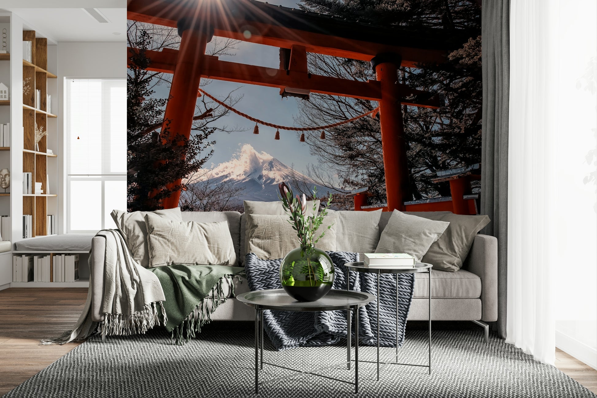 Bright Fuji Gate Sunbeams wall sticker, temple architecture framing a volcano.