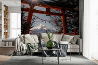 Bright Fuji Gate Sunbeams wall sticker, temple architecture framing a volcano.