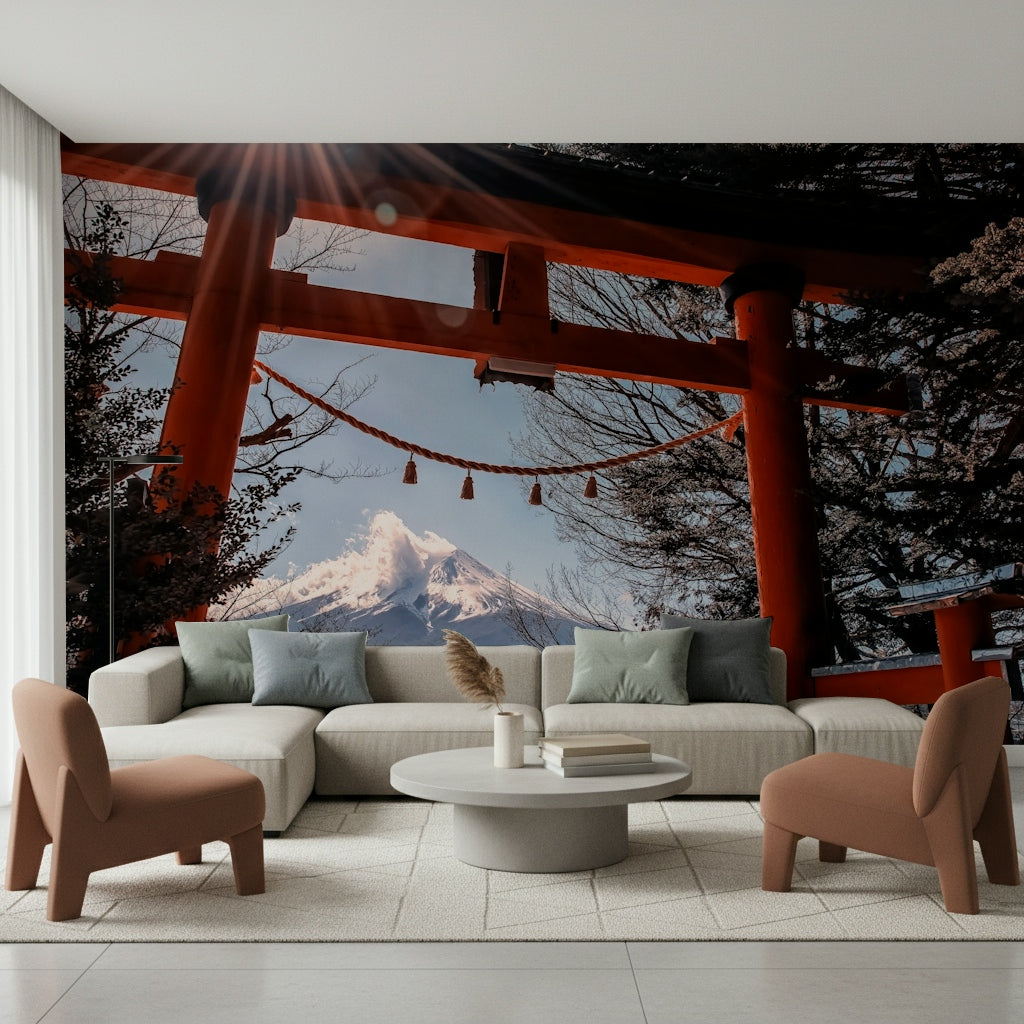 Iconic Fuji Gate Sunbeams wall art, Shinto gate contrasting bright blue sky.
