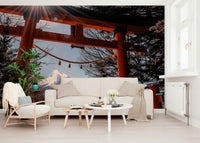 Japanese shrine entrance Fuji Gate Sunbeams wallpaper for walls, stunning mountain view.