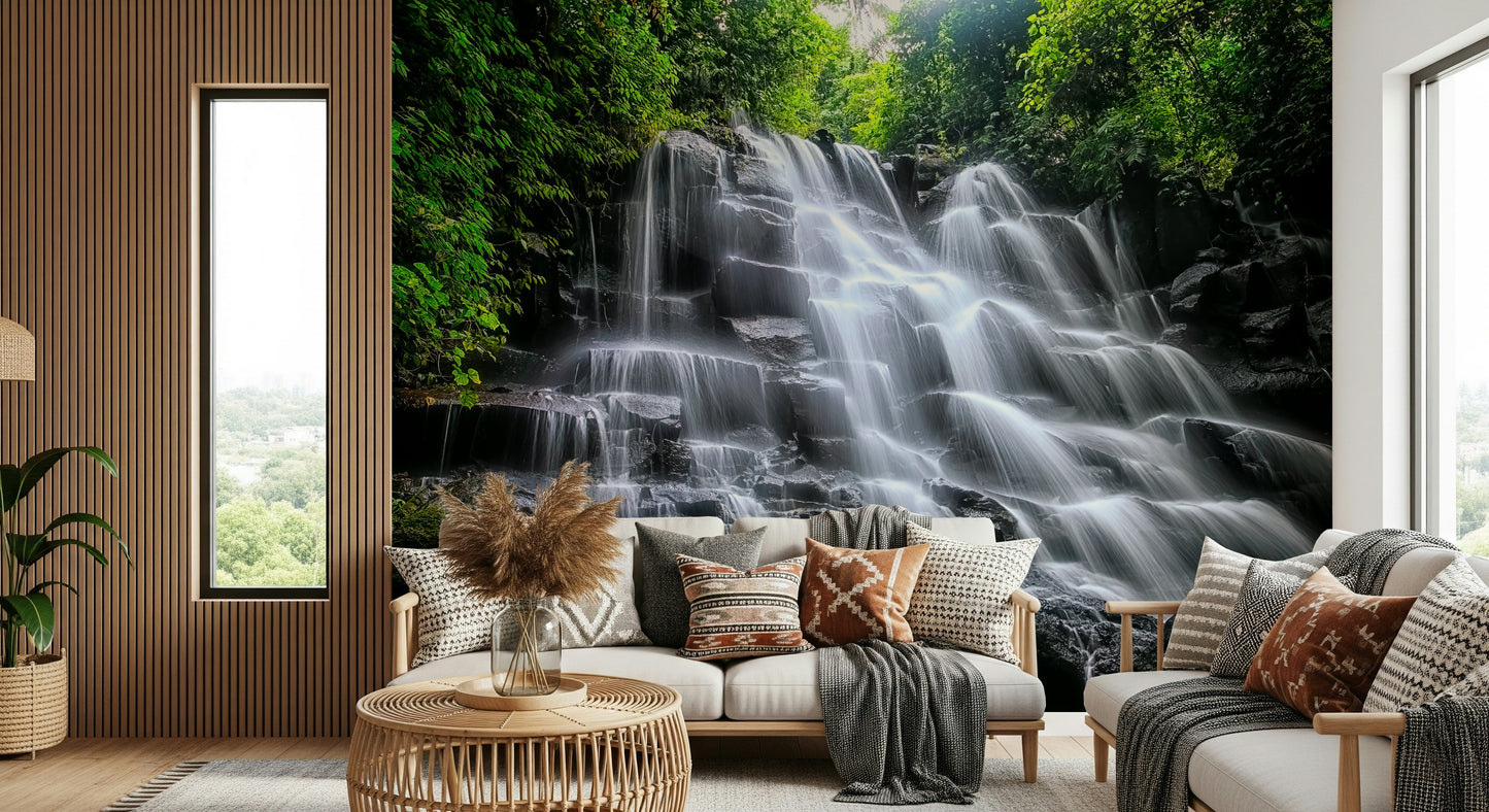 Zen outdoor vista Cascading Serenity peel and stick wallpaper.