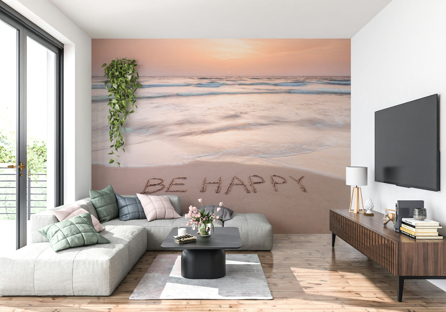 Wall mural Coastal Affirmation aesthetic beach scene soft colors inspiring text.
