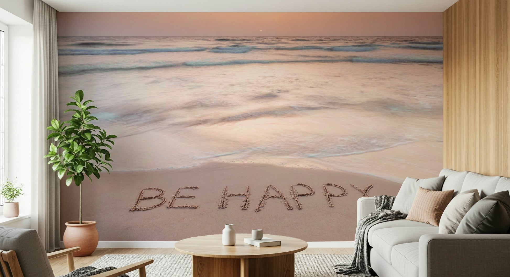 Peaceful Coastal Affirmation mural sun haze over water great room wall art.