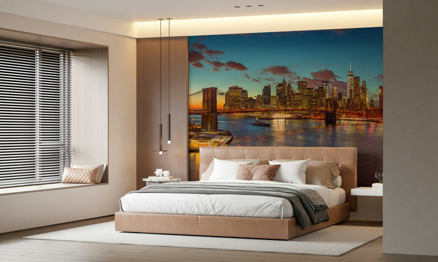 Iconic Manhattan towers, dazzling river view, NYC Twilight Sparkle mural.