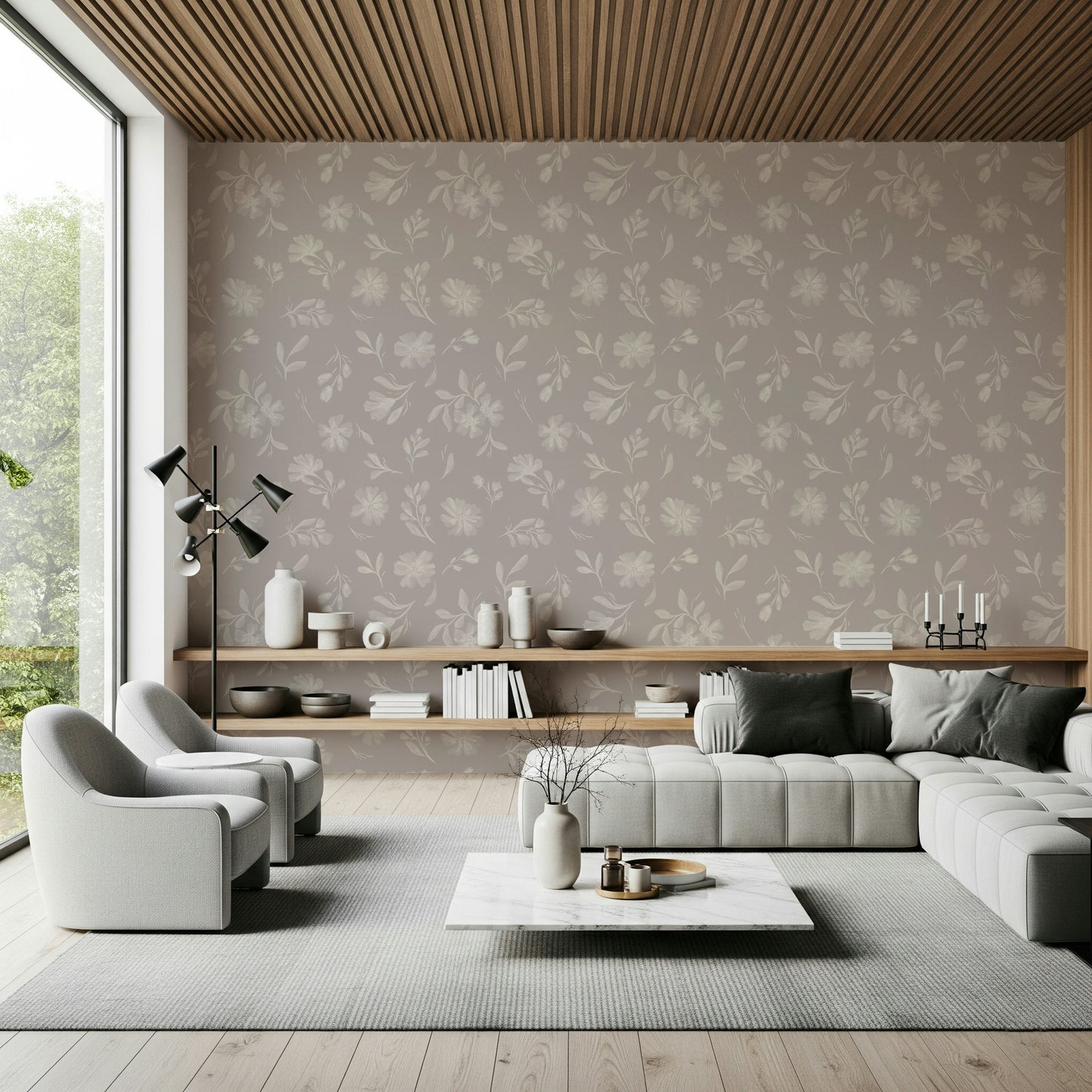 Soft Taupe Florals Wallpaper⁠