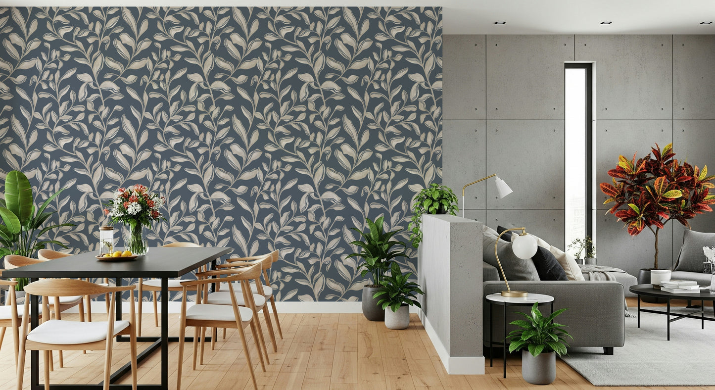 Nature inspired Ethereal Leaves accent wall wallpaper mural.