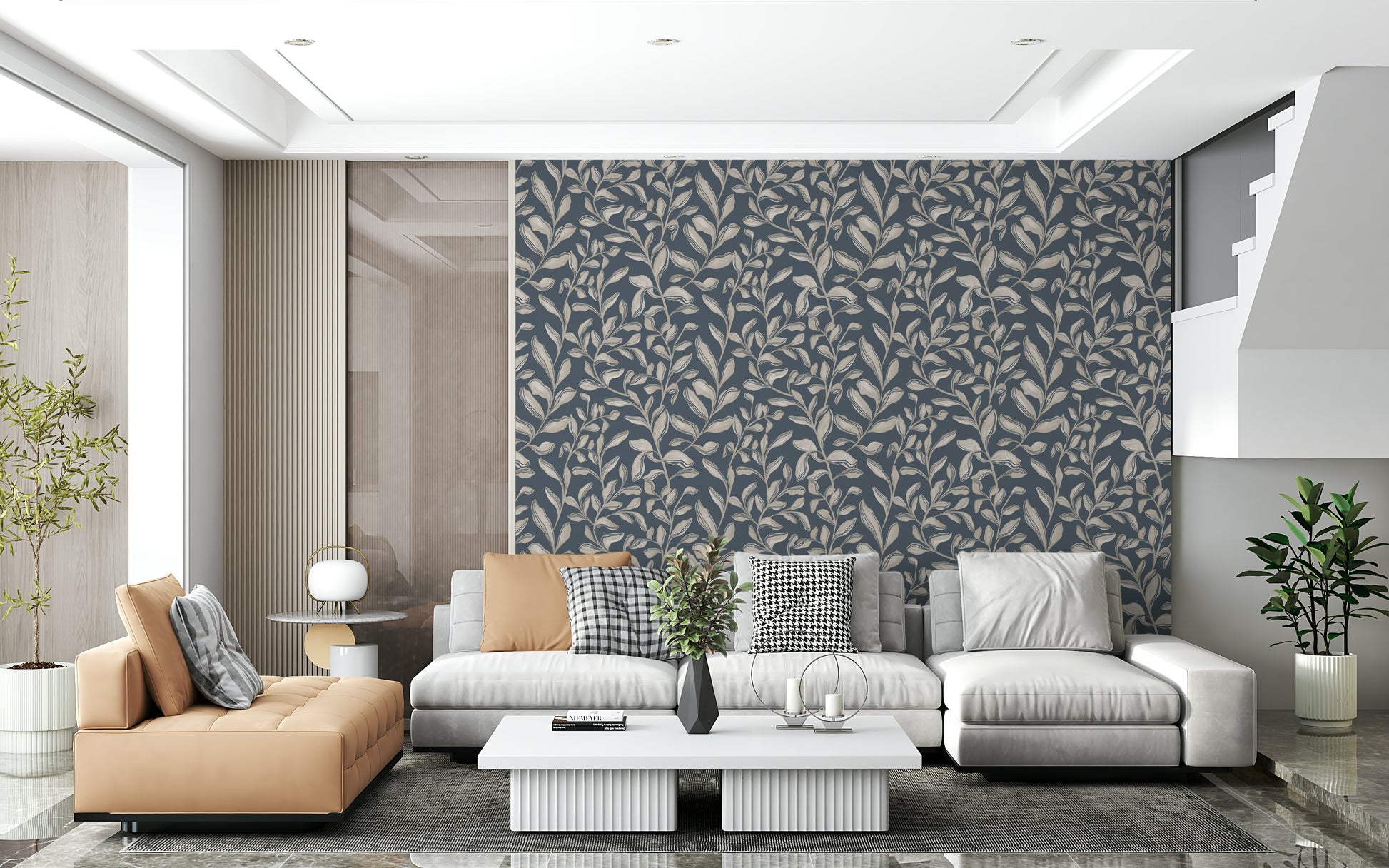 Sophisticated neutral stems Ethereal Leaves premium wallpaper for walls.